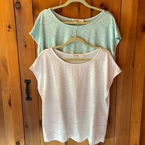 Two Womens tops white and bluish green size XXL (20) short sleeve.
